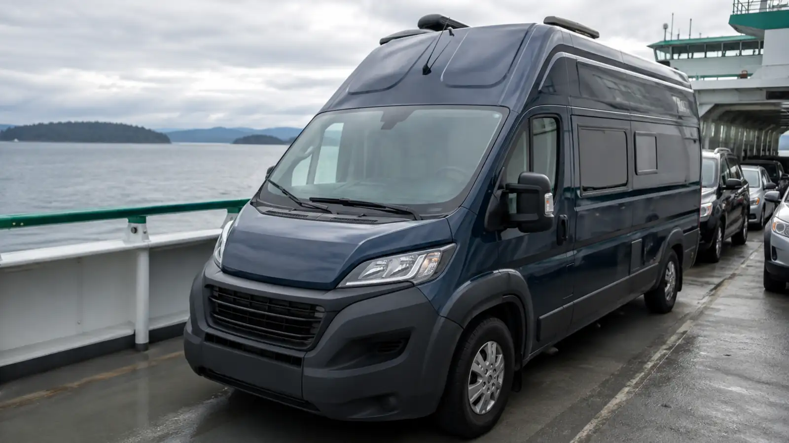 A compact Class B camper van on a ferry deck with water visible beyond