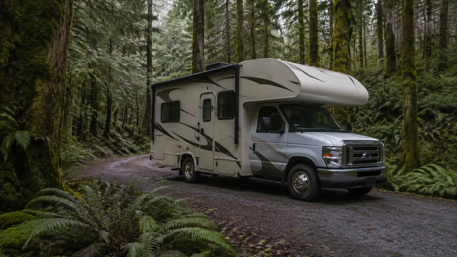 A Class C motorhome with an over-cab bunk parked on a forest road