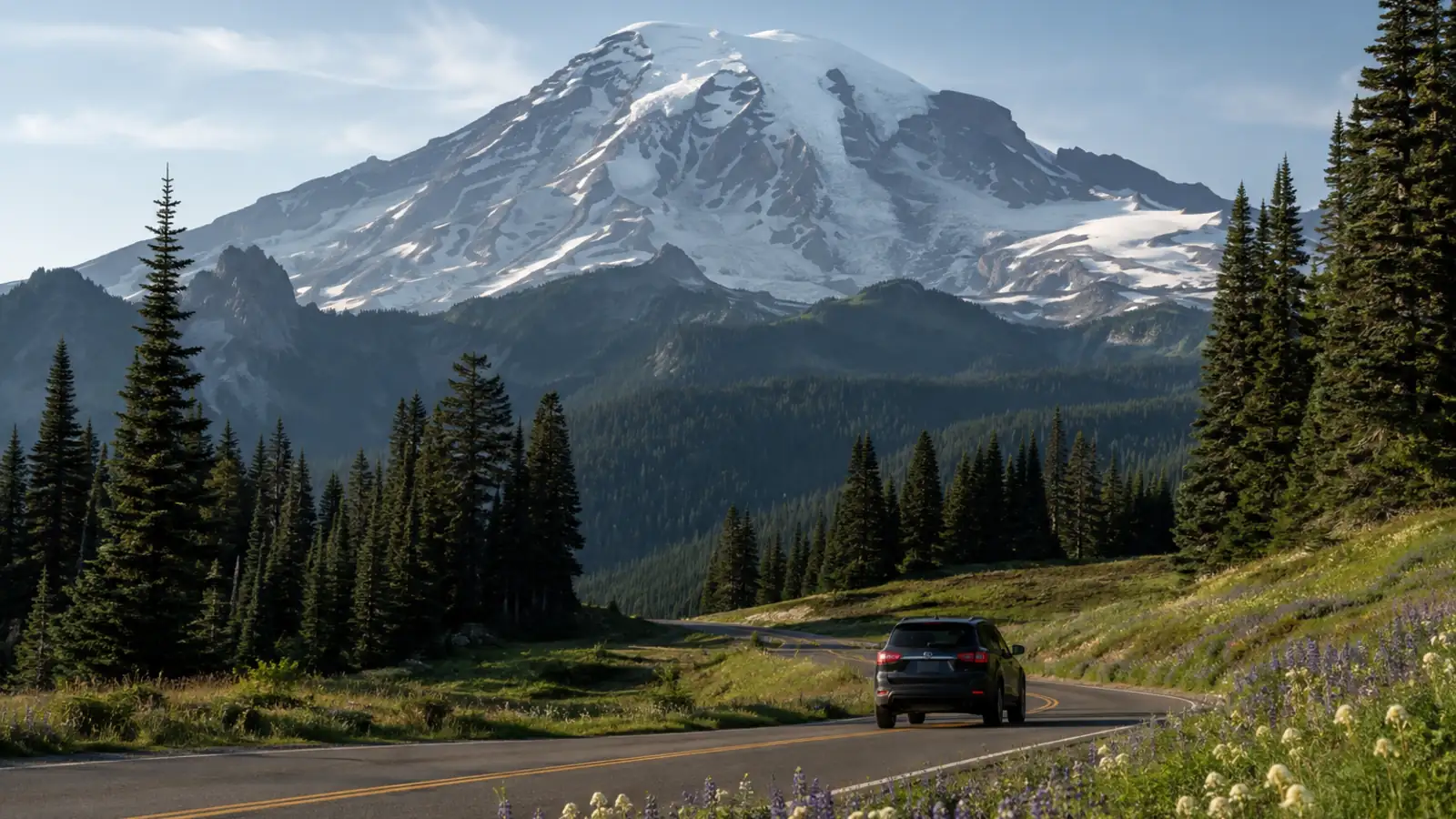 Mount Rainier rising above a forested valley with a road in the foreground