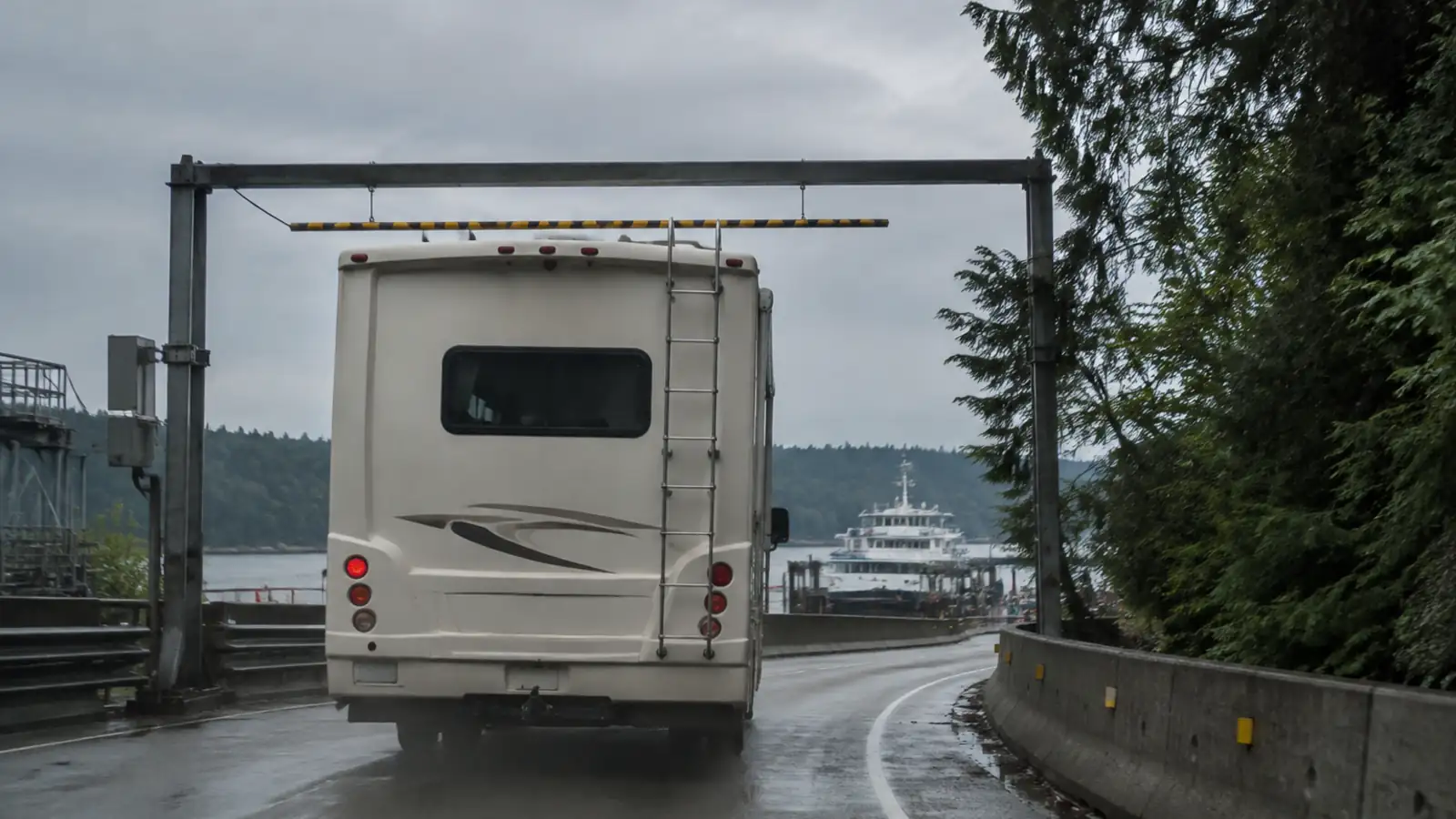 A motorhome approaching a height clearance gantry