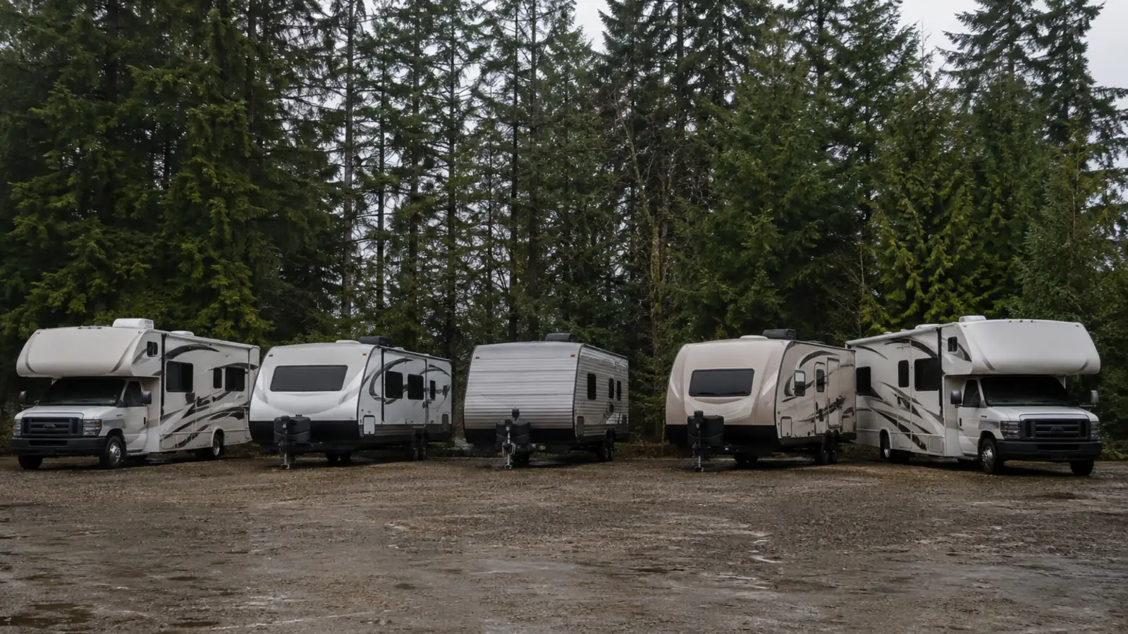 Several motorhomes and travel trailers parked in a row on a gravel lot with forest behind