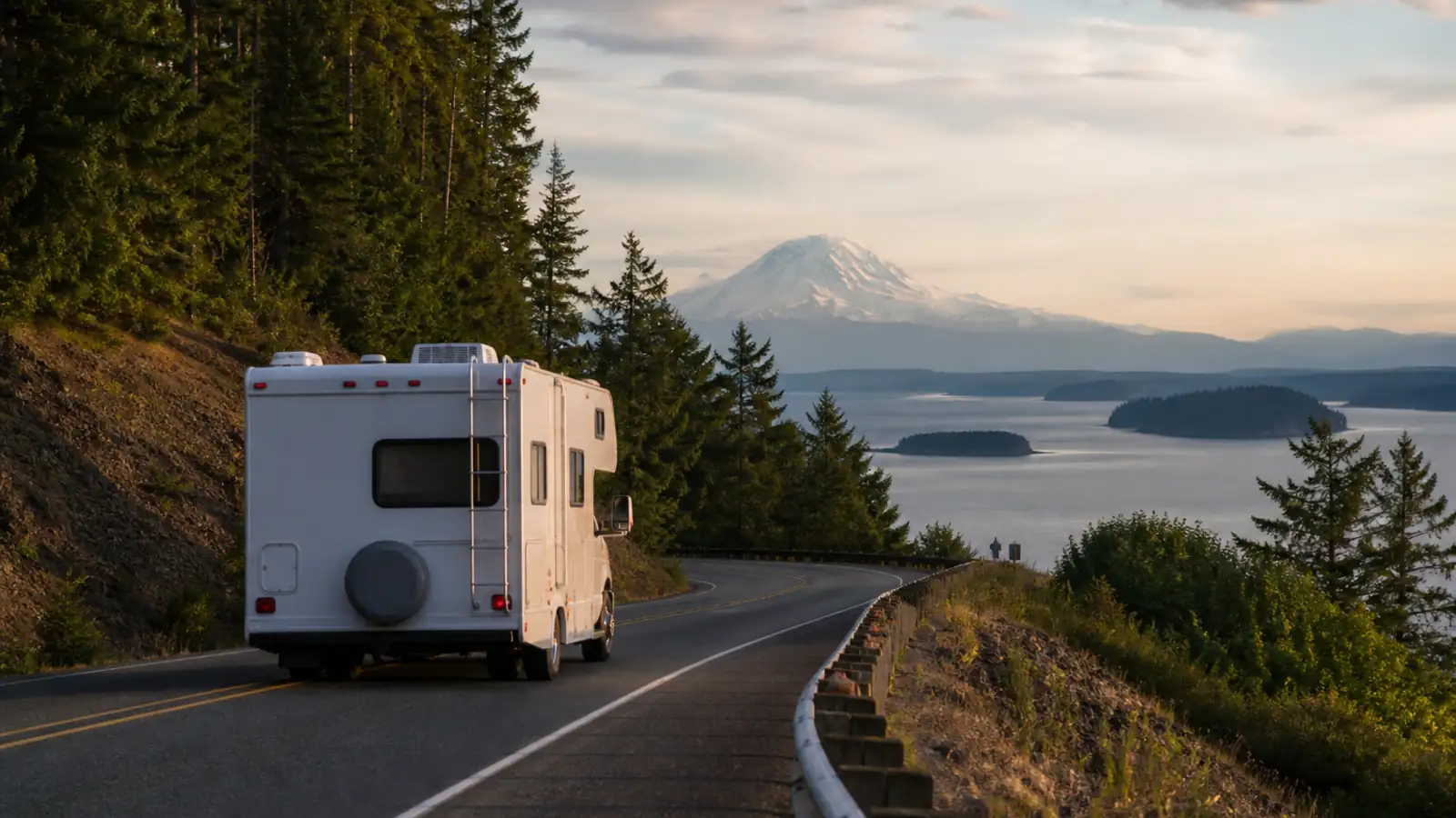 A Class C motorhome on a two-lane road above Puget Sound with evergreen forest and a snow-capped peak in the distance