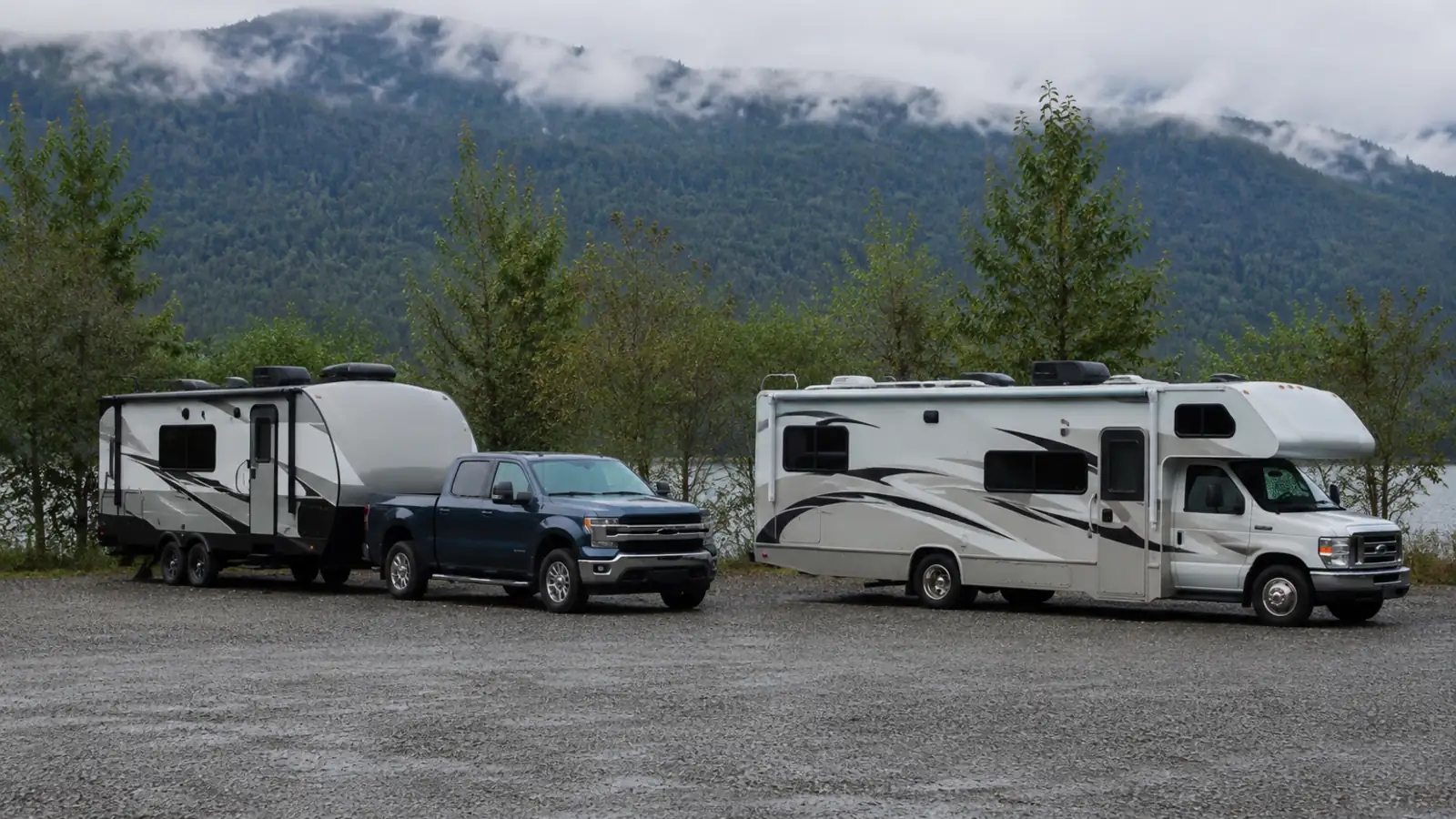 A travel trailer and a motorhome parked side by side for comparison