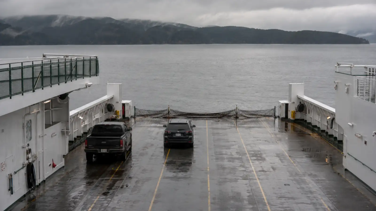 An almost empty ferry deck on an overcast autumn day